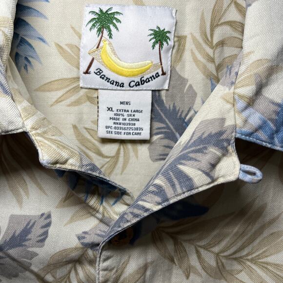 BANANA CABANA 100% Silk Hawaiian Men's Sz XL Tan Blue Floral Button Up Shirt - Picture 4 of 10